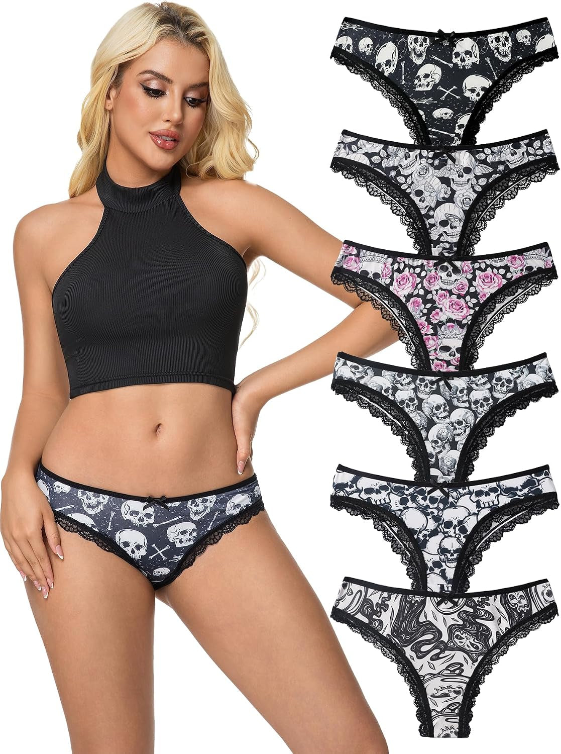 OUKAILYN 6-Pack Gothic Thong Panties, Sexy Skull and Rose Print Lace Trim G-String, Mid-Rise Emo Alt Aesthetic Underwear