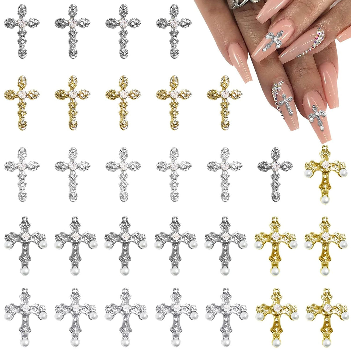 Gold and Silver Cross Nail Studs with Pearls, 30 Piece