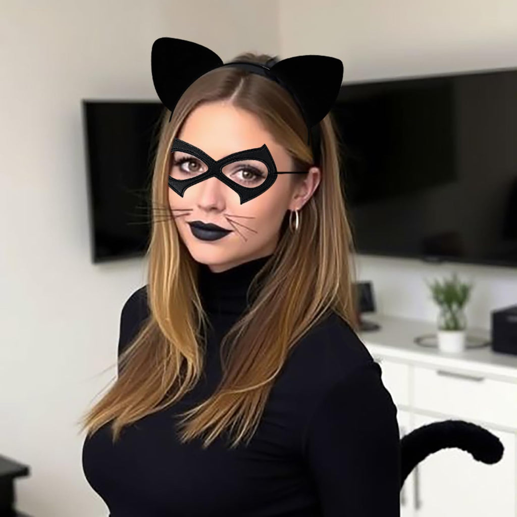 Black Cat Ears Headband and Masquerade Mask - 2 Pack