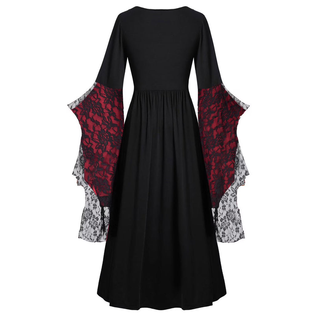 Gothic Skull Lace Print Maxi Dress - Flare Sleeve, Black