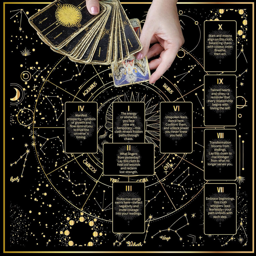 Celestial Tarot Cloth - Black & Gold, Double-Sided