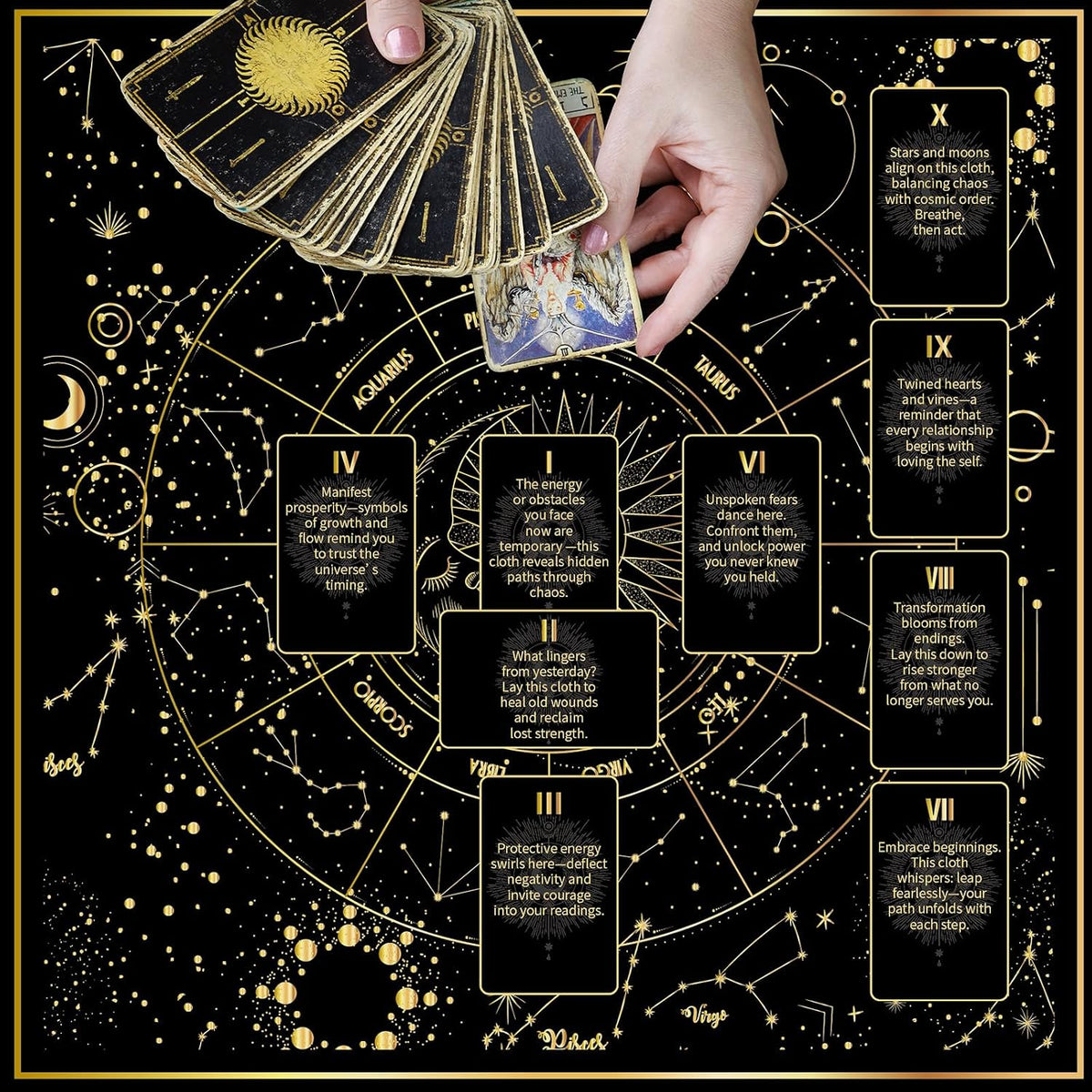Celestial Tarot Cloth - Black & Gold, Double-Sided