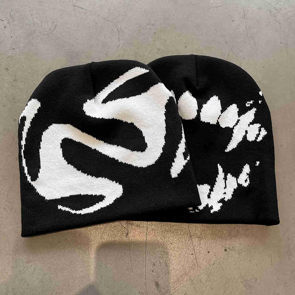 Skull Slouchy Beanie - Black Knit, 2 Pack