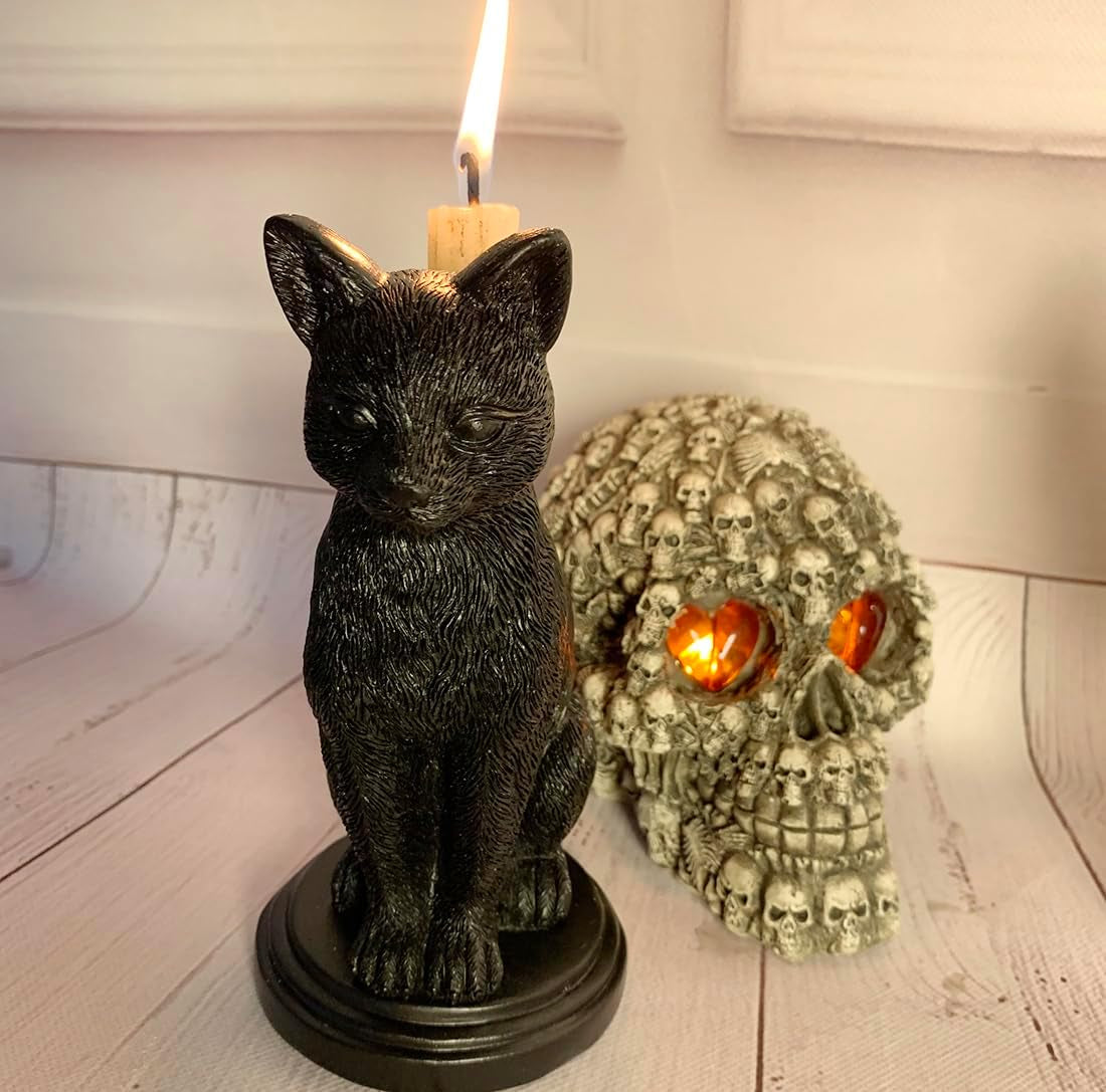 Gothic Black Cat Candle Holder - Resin Statue