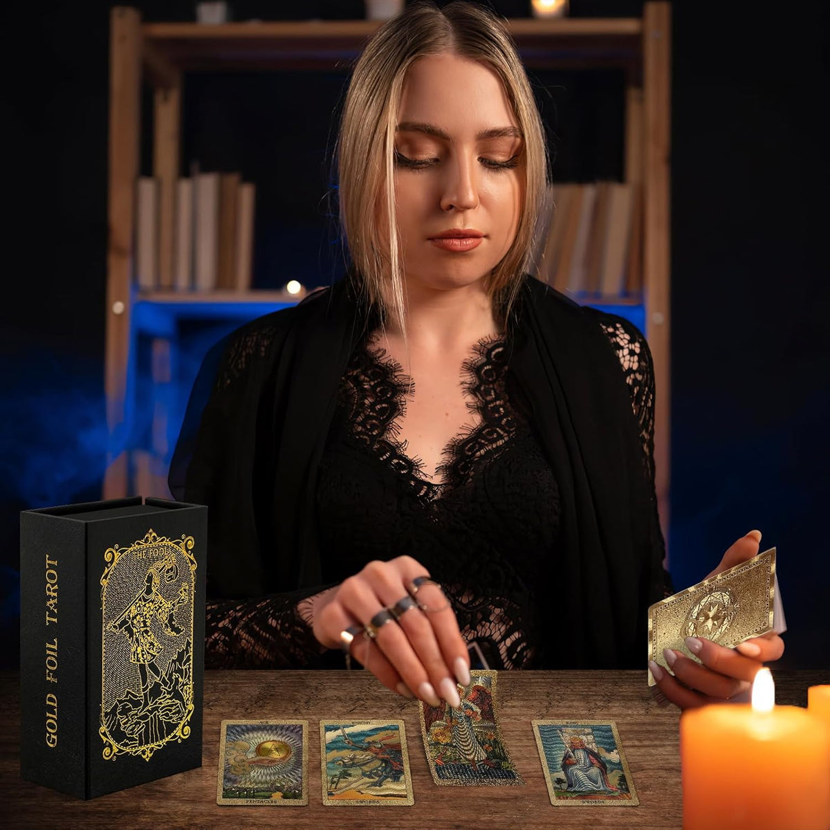 Gold Foil Tarot Deck - Rider-Waite Style, 78 PVC Cards with Guidebook