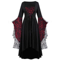 Gothic Skull Lace Print Maxi Dress - Flare Sleeve, Black