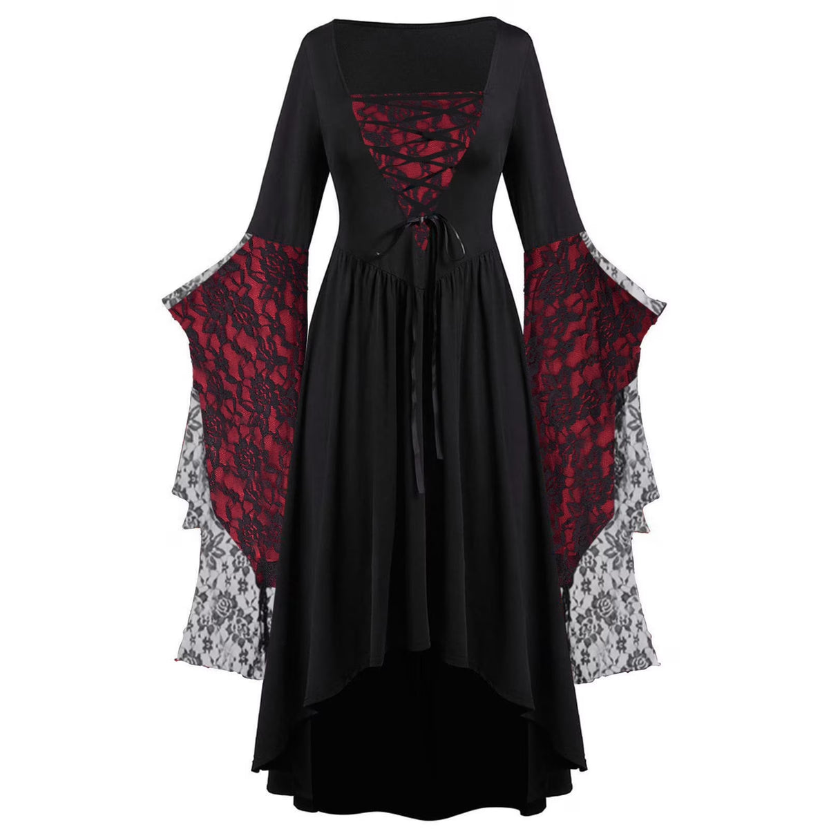 Gothic Skull Lace Print Maxi Dress - Flare Sleeve, Black
