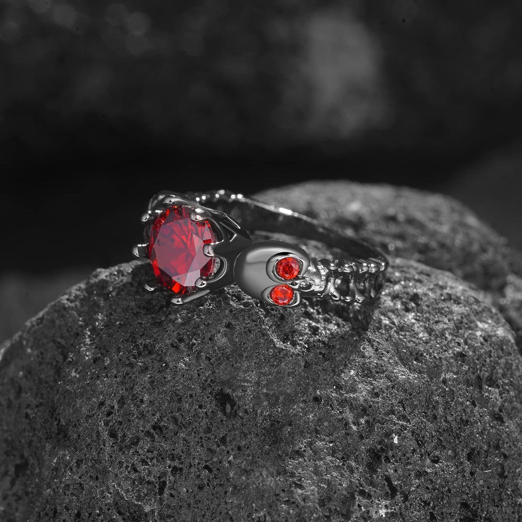 Gothic Skull Statement Ring - Black Gold Plated, Red Crystal